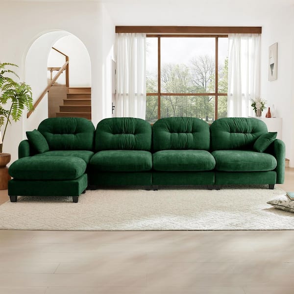 Keene 140 in. Chenille Upholstered Cloud Rectangle Sectional Sofa in Green with Ottoman, 2-Pillows