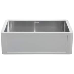 Holbrook Pure Stone White and Stainless Steel 30 in. Single Bowl Farmhouse Apron Kitchen Sink with Grid and Strainer