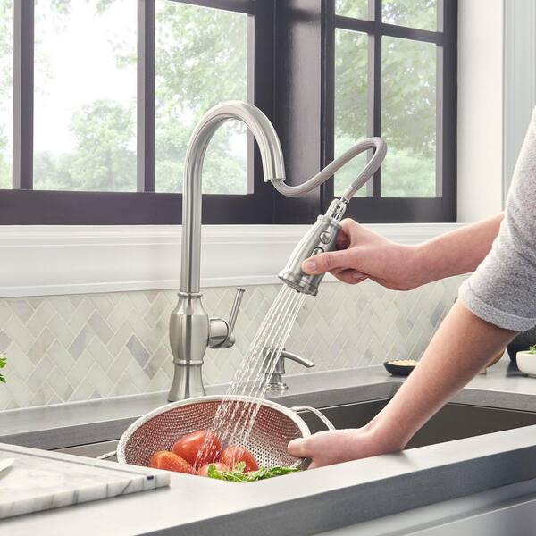 American Standard Marchand Single Handle Pull Down Sprayer Kitchen Faucet In Stainless Steel 7029301 075 The Home Depot