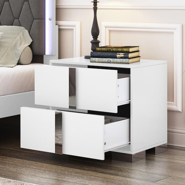 Elegant Wood Nightstand with Metal Handle, Mirrored Bedside Table with 2-Drawers, White