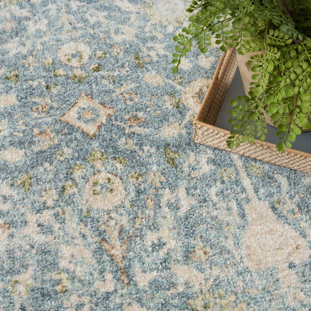 Teal Beige Floral Synthetic Washable Rectangular Area Rug 5' x 7'