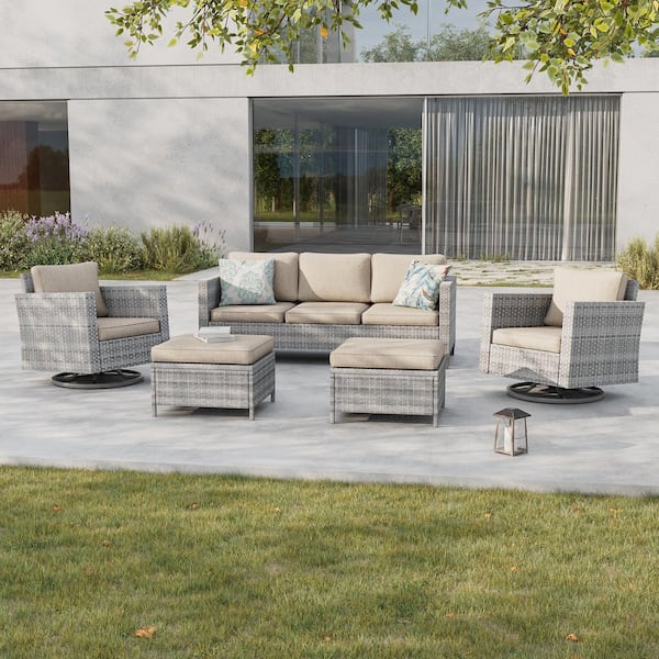 Sonkuki 5-Piece Patio Conversation Set Gray Wicker with Swivel Rocking Chair and Linen Flax Beige Thickening Cushions
