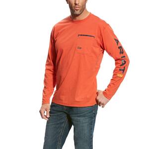 Men's Size Large Volcanic Orange Rebar Logo Long Sleeve Work T-Shirt