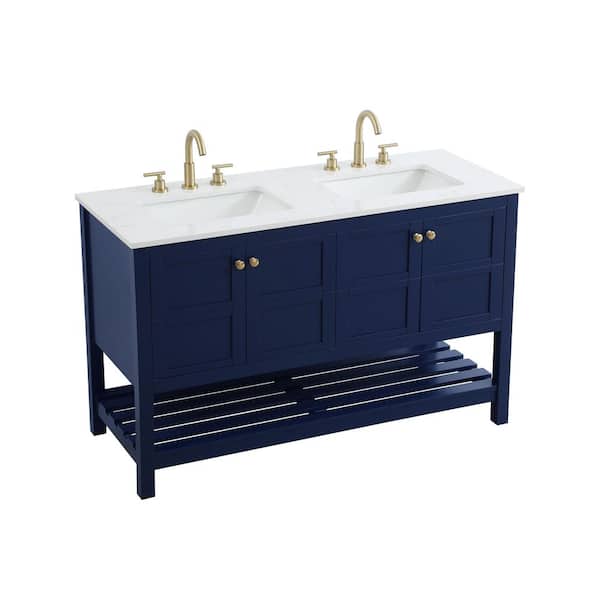 54 in. Double Sink Blue Bath Vanity with White Engineered Marble Top