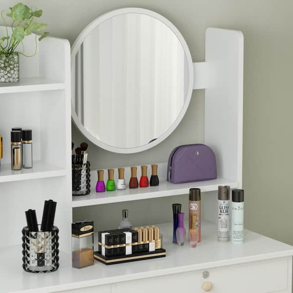 White Wood Makeup Vanity Dressing Table, Vanity With Shelves