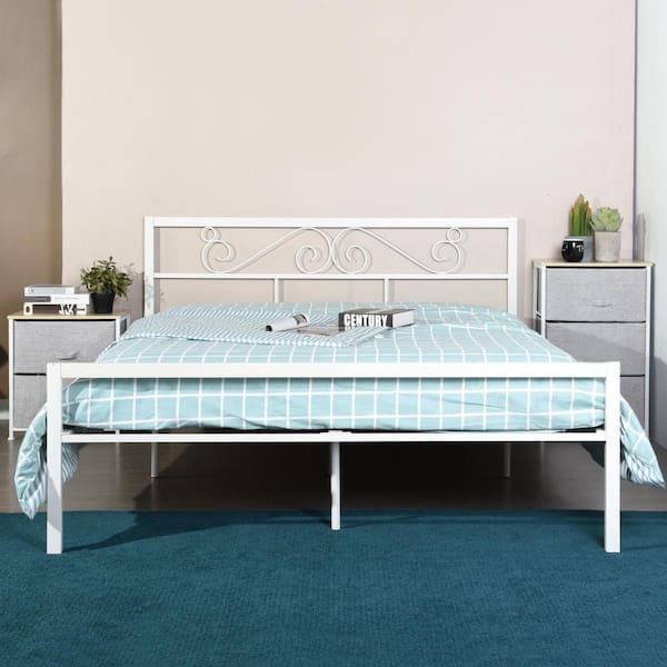 White Queen Metal Platform Bed Frame, White Queen Bed Frame With Headboard And Footboard