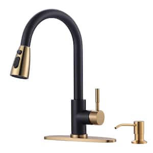 Single Handle Pull Down Sprayer Kitchen Faucet with Deckplate and Soap Dispenser in Black and Gold