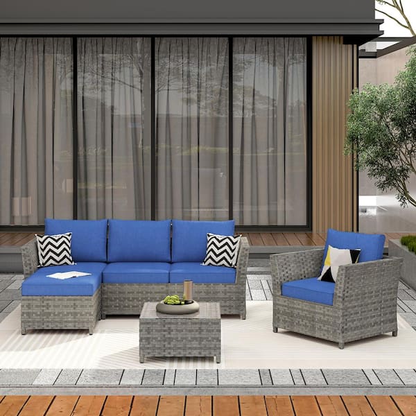 XIZZI Bella Gray 6-Piece Wicker Outdoor Sectional Set with Navy Blue Cushions