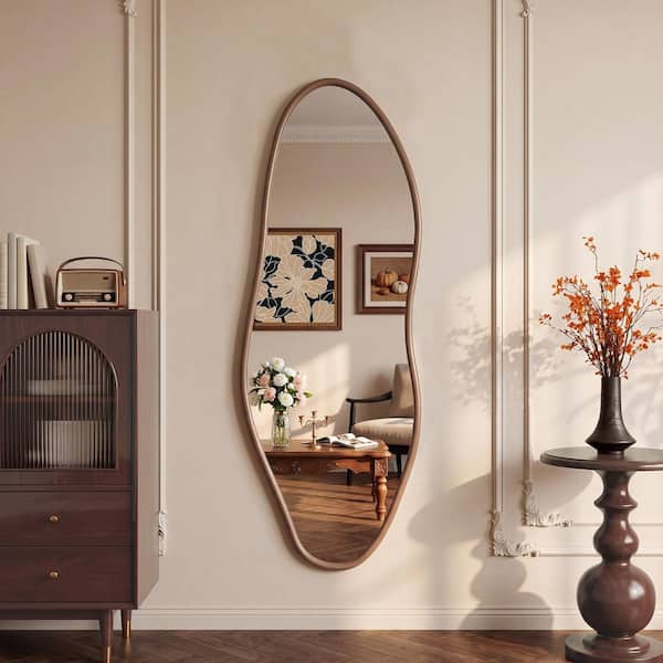 55 in. H x 18 in. W Large Irregular Wall Mirror, Solid Walnut Wood Full Length Mirror, Asymmetrical Full Body Mirror