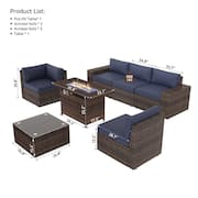 7-Piece Outdoor Rattan Wicker Set Covers Sectional Set with Fire Pit Table, Blue cushions