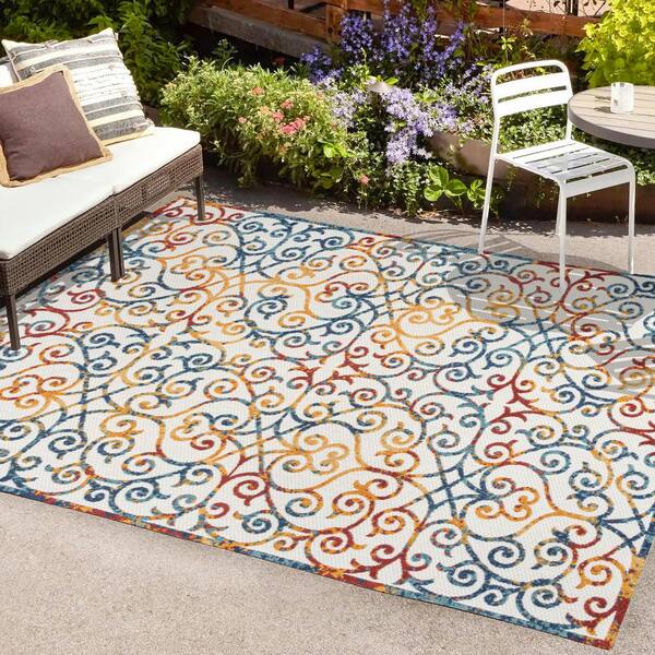 JONATHAN Y Atrani Scroll Cream/Blue/Red 4 ft. x 6 ft. Trellis Indoor ...