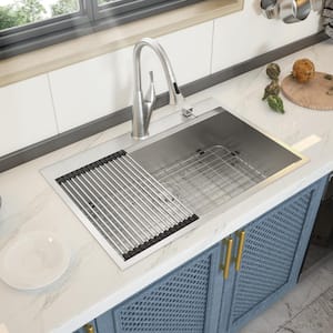 Brushed Nickel Stainless Steel 30 in. x 22 in. Single Bowl Undermount Kitchen Sink with Bottom Grid