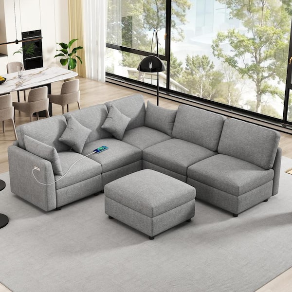 J&E Home 85.4 in. W Square Arm Chenille U-Shaped 5-Seat Sofa with Movable Ottoman and 2-USB Ports in Gray