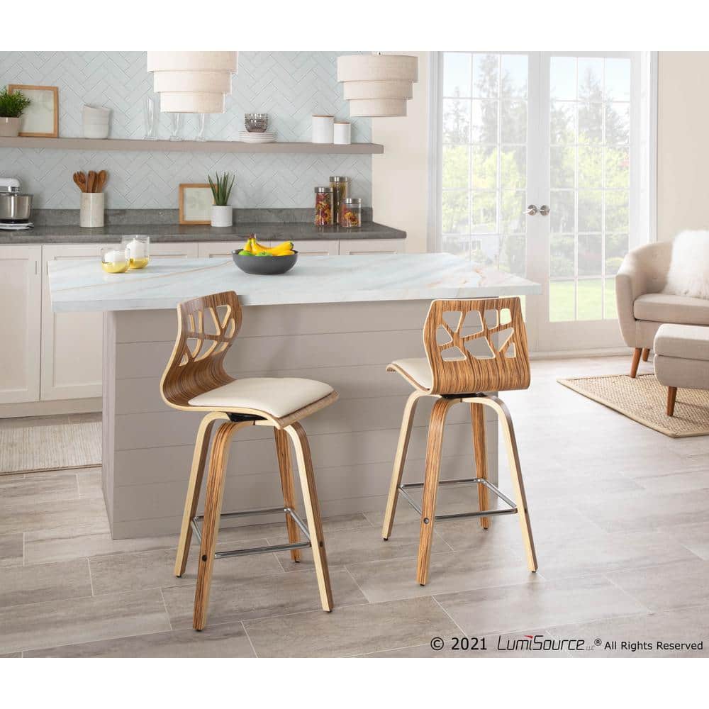 Mid-Century Modern White Leather and Wood Swivel Counter Stools