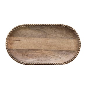 16.25 in. W x 1 in. H x 9 in. D Oval Brown and Gold Finish Mango Wood Serving Tray with Wooden Bead Design