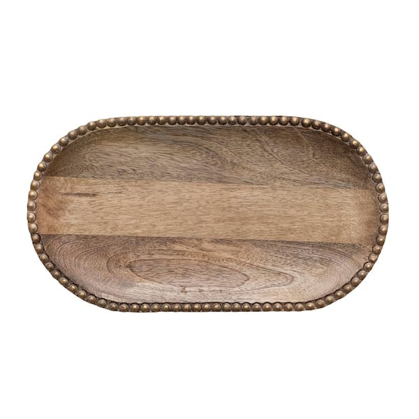 Storied Home 16.25 in. W x 1 in. H x 9 in. D Oval Brown and Gold Finish Mango Wood Serving Tray with Wooden Bead Design