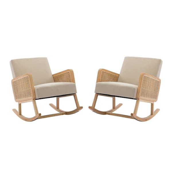 JAYDEN CREATION Williams Tan Rocking Chair with Rattan Arms (Set of 2)