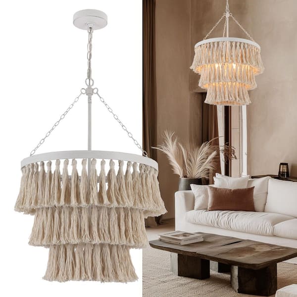 LNC Farmhouse Boho 4-Light Distressed White Fringe Chandelier with 3-Tier Tassel Shade Bedroom Candlestick Rattan Chandelier