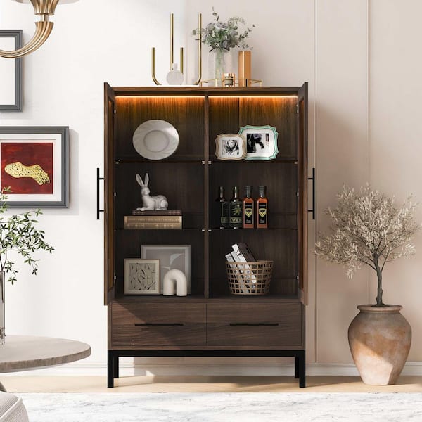 Black/Dark Walnut 60 in. Accent Cabinet, Pantry Cabinet w/ 2 Drawers,Glass Door, LED Lighting, 4-Tier Adjustable Shelves