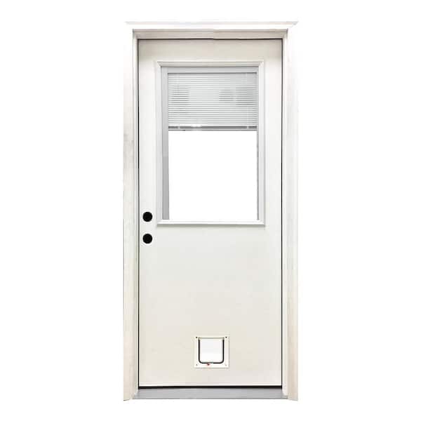 Steves & Sons 32 in. x 80 in. Reliant Series Clear Mini-Blind RHIS White Primed Fiberglass Prehung Front Door with Small Cat Door