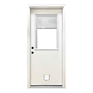 36 in. x 80 in. Reliant Series Clear Mini-Blind RHIS White Primed Fiberglass Prehung Front Door with Small Cat Door
