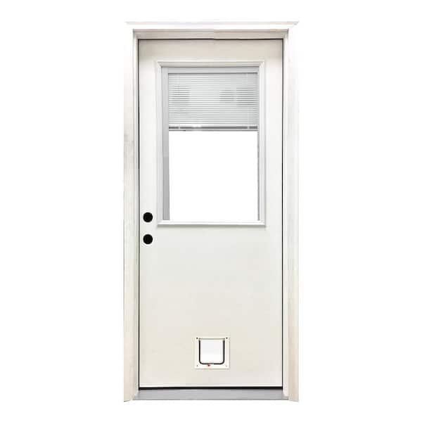 Steves & Sons 36 in. x 80 in. Reliant Series Clear Mini-Blind RHIS White Primed Fiberglass Prehung Front Door with Small Cat Door