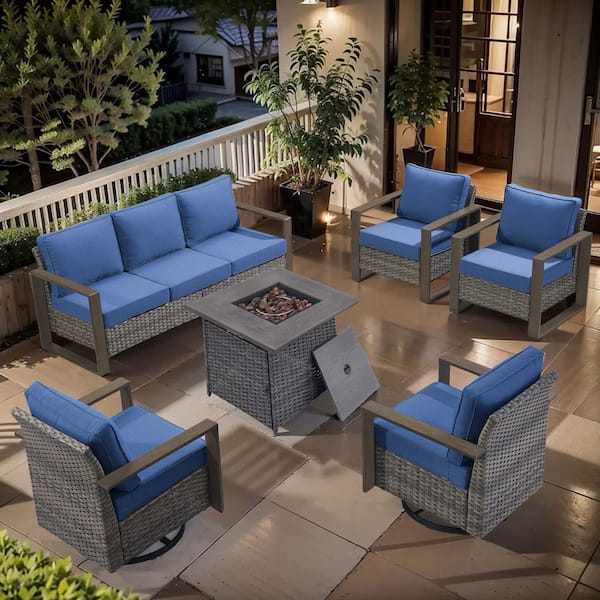 Cube Edge 6-Piece Gray Wicker Fire Pit Conversation Set with Olefin Blue Cushions and Armed Chair/Patio Swivel Chairs