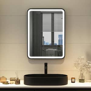 24 in. W x 32 in. H Rectangular R-Shaped Corners Aluminum Framed Dimmable LED Wall Bathroom Vanity Mirror in Black