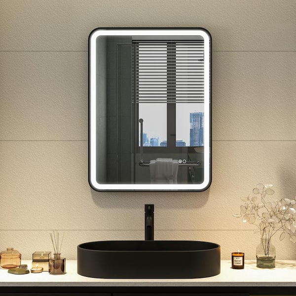 FORCLOVER 24 in. W x 32 in. H Rectangular R-Shaped Corners Aluminum Framed Dimmable LED Wall Bathroom Vanity Mirror in Black