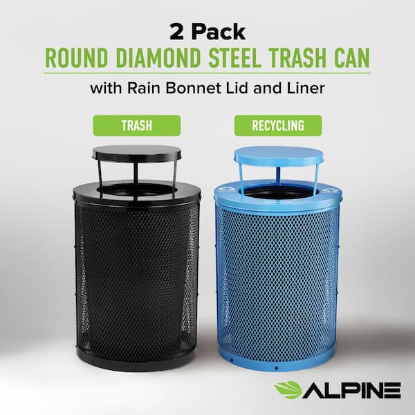 36 Gal. Black and Blue Steel Diamond Outdoor Commercial Trash Can and Recycling Station Combo with Rain Lid and liner