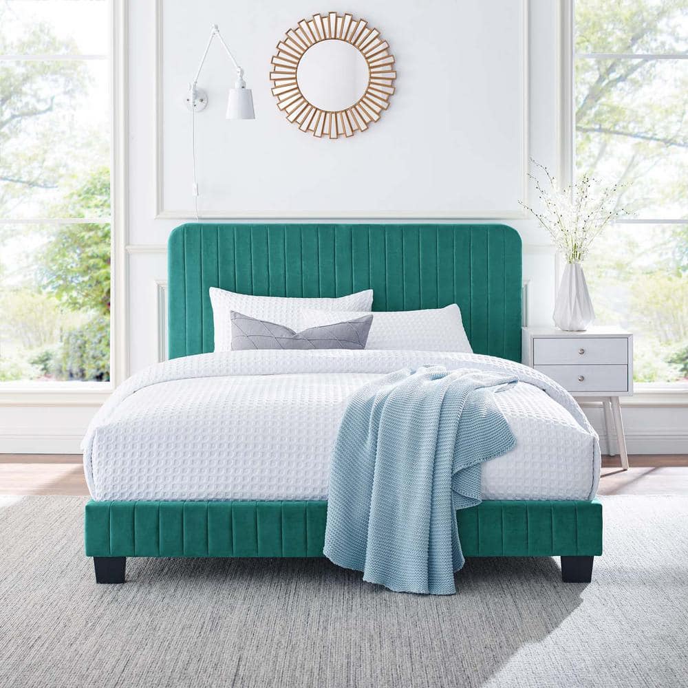 Luxe Glam Deco Teal Velvet Full Platform Bed with Channel Tufting