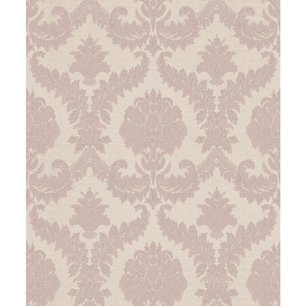 Feathered Damask Pink Metallic Finish Vinyl on Non-woven Non-Pasted Wallpap