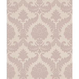 Feathered Damask Pink Metallic Finish Vinyl on Non-woven Non-Pasted Wallpaper Roll