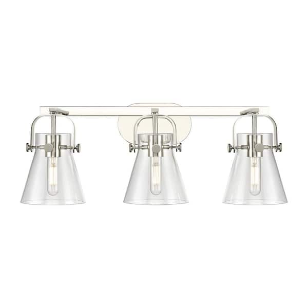 Innovations Pilaster II Cone 26.5 in. 3-Light Polished Nickel Vanity Light with Glass Shade