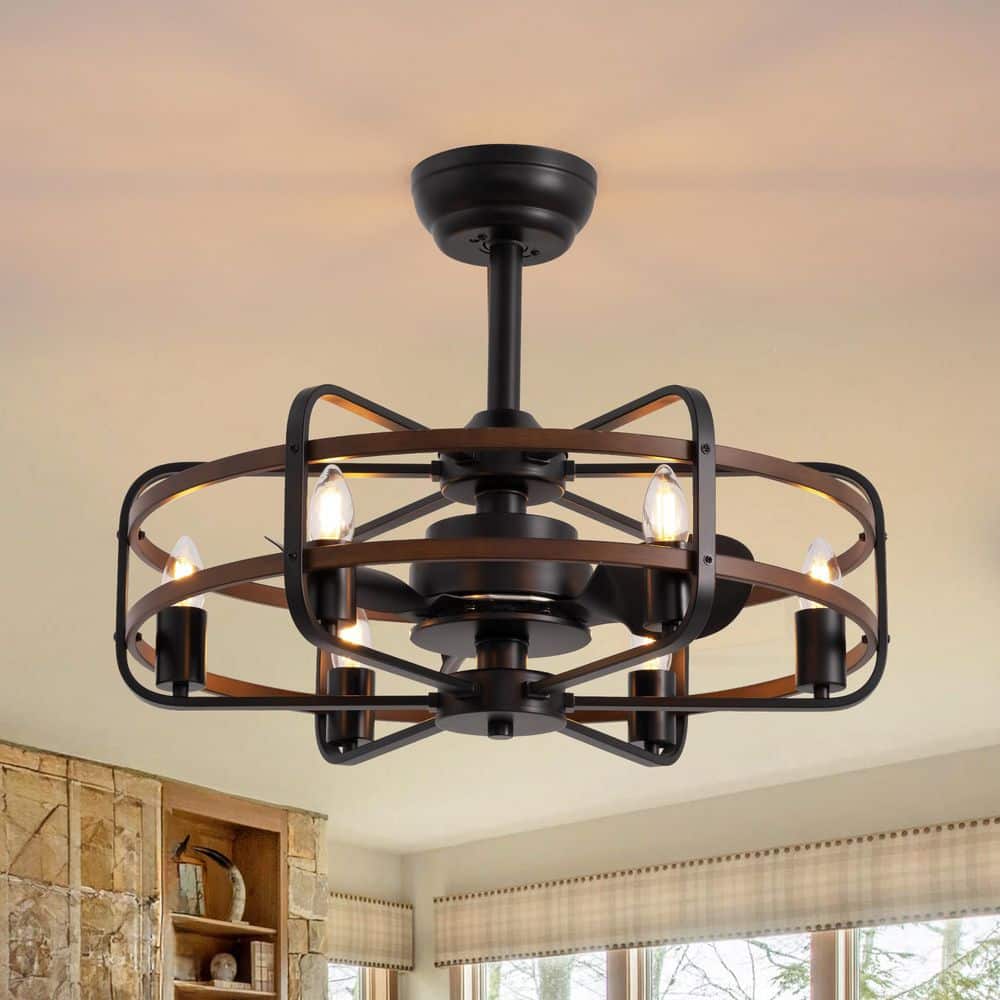 25 in. Farmhouse Indoor Caged Downrod Mount Ceiling Fan with Lights and Remote Control, Black and Walnut Chandelier Fan price history on PriceWatchPro