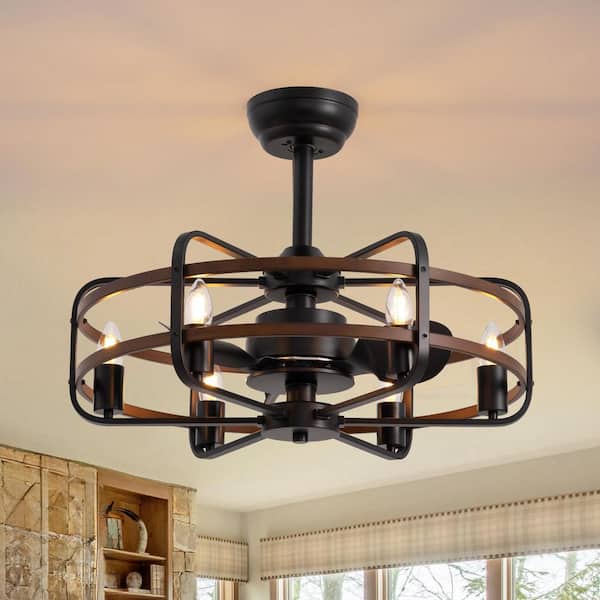 25 in. Farmhouse Indoor Caged Downrod Mount Ceiling Fan with Lights and Remote Control, Black and Walnut Chandelier Fan