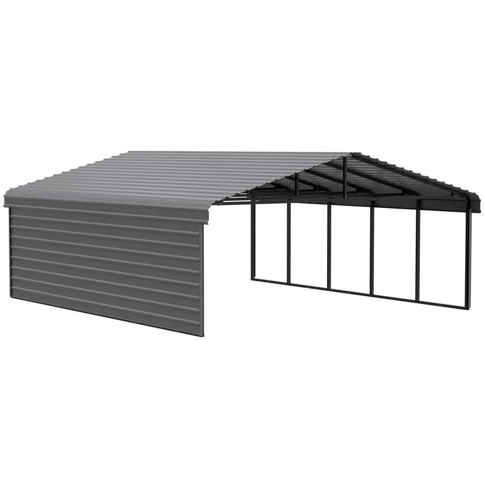 Arrow 20 ft. W x 24 ft. D x 9 ft. H Charcoal Galvanized Steel Carport with 1-sided Enclosure