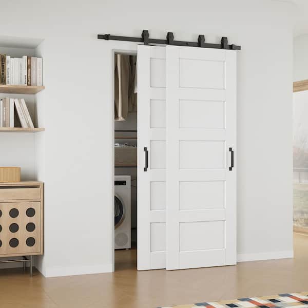 ARK DESIGN 48 in. x 80 in. (Double 28 in.) Paneled 5-Lite White Primed Solid Core MDF Sliding Barn Door with Hardware Kit Bypass