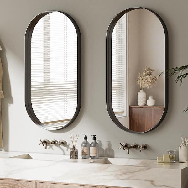22 in. W x 38 in. H Oval Modern Black Aluminum Alloy Deep Framed Wall Mirror