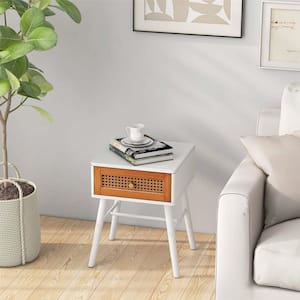 White + Brown 1-Drawer 15 in. W Nightstand with Rattan Decoration Solid Wood Legs for Bedroom