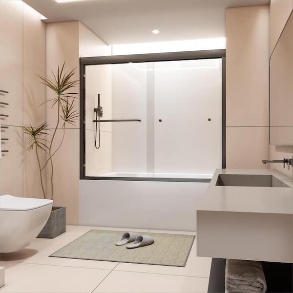 Abruzzo 60 in. W x 58 in. H Semi-Frameless Double Sliding Tub Door in Matte Black with 1/4 in. Thick Tempered Clear Glass