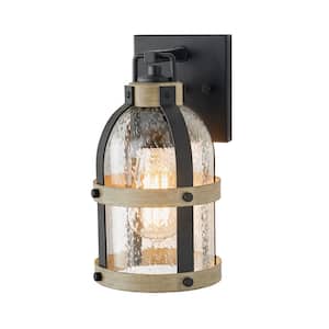 Vinwood 10.5 in. 1-Light Matte Black and Faux Wood Hardwired Outdoor Wall Lantern Sconce