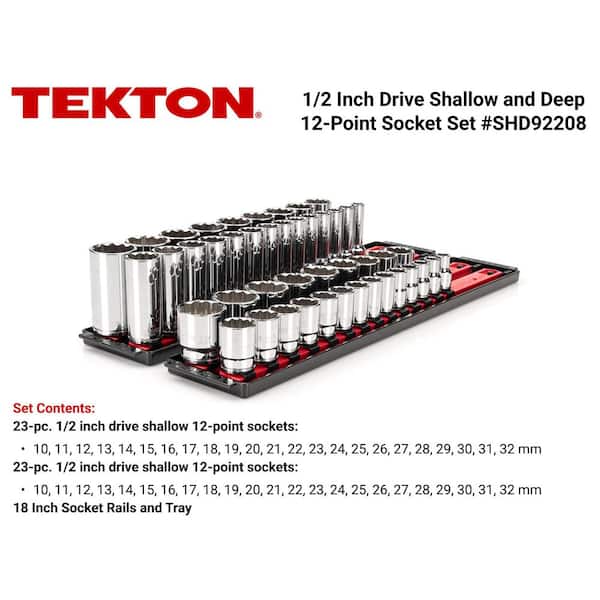 TEKTON 1/2 in. Drive 12-Point Socket Set with Rails (10 mm-32 mm