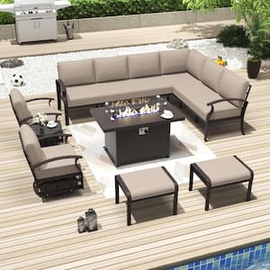 10-Seat Aluminum Patio Conversation Set with Fire Pit Table,Swivel Rocking Chairs,Coffee Table,Ottoman and Cushion Sand