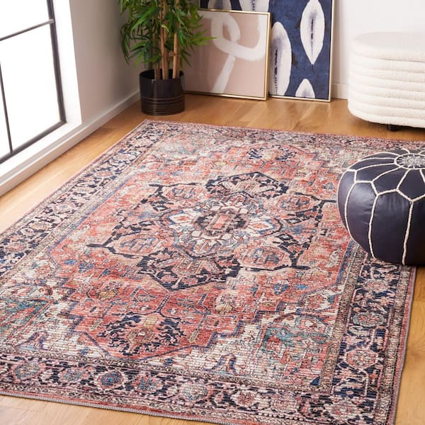 Serapi Rust/Navy 4 ft. x 6 ft. Machine Washable Border Ornate Area Rug