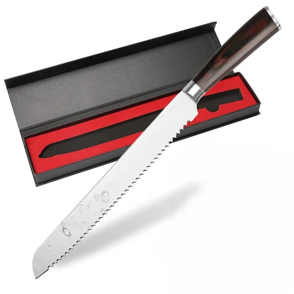 Professional Grade 10 in. High Carbon Stainless Steel Full Tang Serrated Edge Bread Knife with Wood Handle