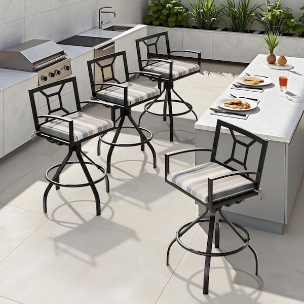 Swivel Metal Aluminum Outdoor Bar Stool with Sunbrella Milano Char Striped Cushion (4-Pack)