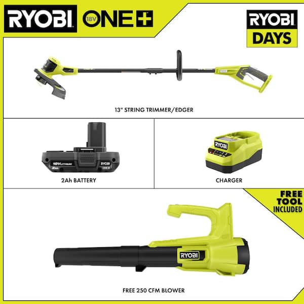ONE+ 18V 13 in. Cordless Battery String Trimmer with 2.0 Ah Battery, Charger, and FREE Cordless 250 CFM Leaf Blower