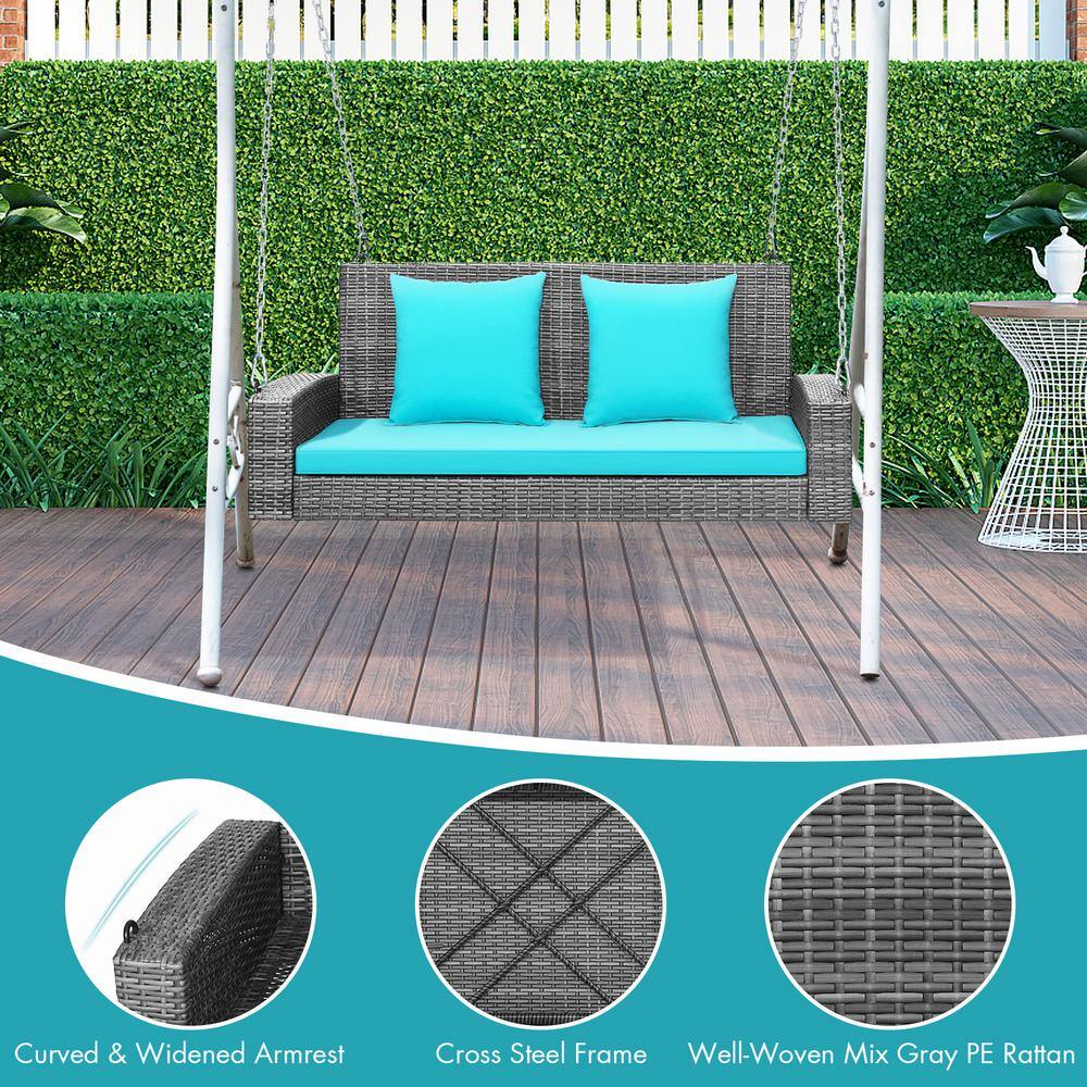 Turquoise Cushioned 2-Person Gray Wicker Patio Porch Swing