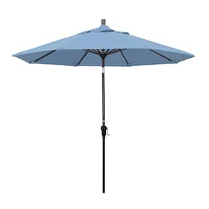 9 ft. Bronze Aluminum Pole Market Aluminum Ribs Auto Tilt Crank Lift Patio Umbrella in Air Blue Sunbrella
